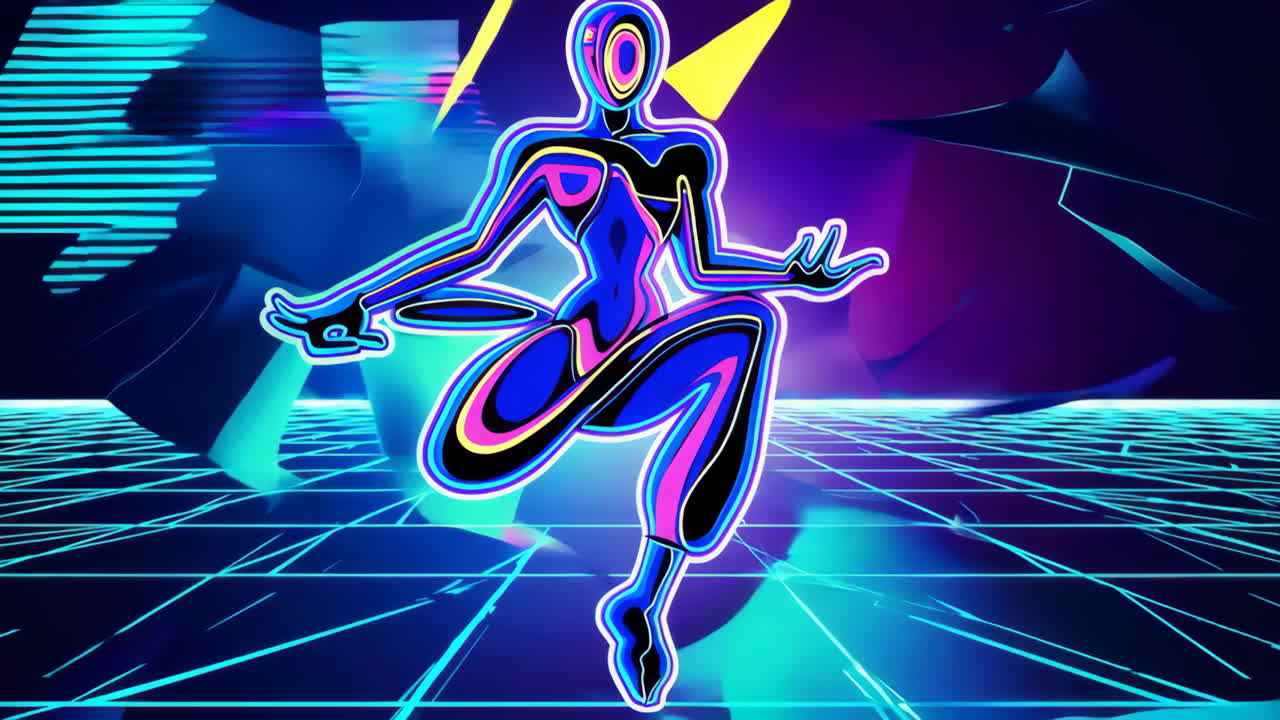 Vibrant Neon Cyberpunk Humanoid in a Digital Grid Landscape