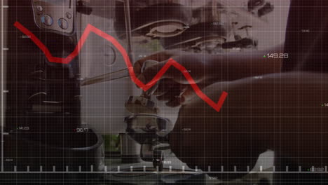 red line graph animation over coffee machine and barista preparing espresso