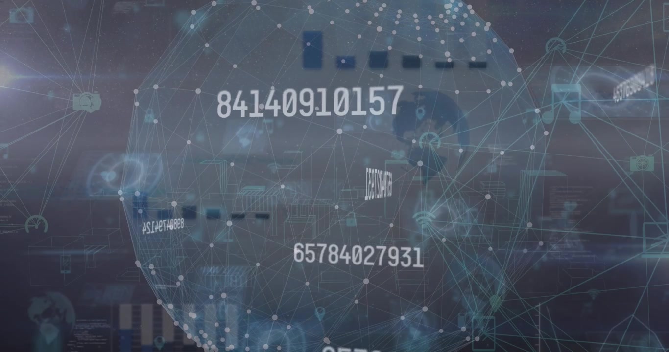 Animation of various digital icons and globe with rapid changing numbers