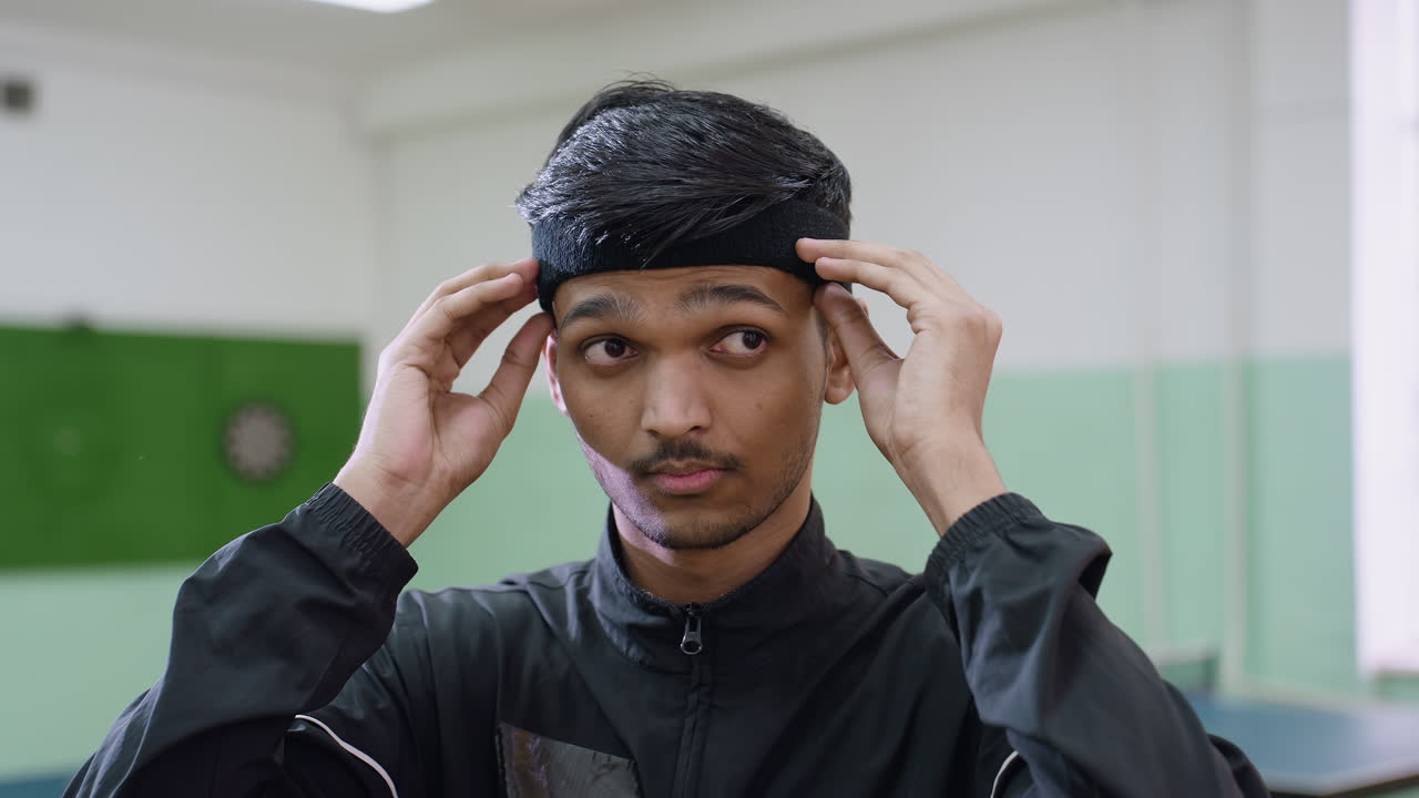 Close up of young man putting headband on head indoors, preparing for sports activity with focused expression and steady hands, showing readiness and concentration in athletic environment