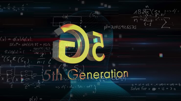 Animazione del testo 5G quinta generazione su una testa umana rotante e formule matematiche sullo sfondo.