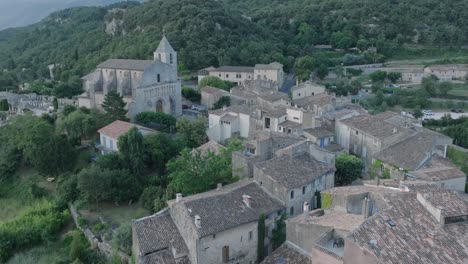 aerial drone luberon provence saignon france medieval town at sunrise