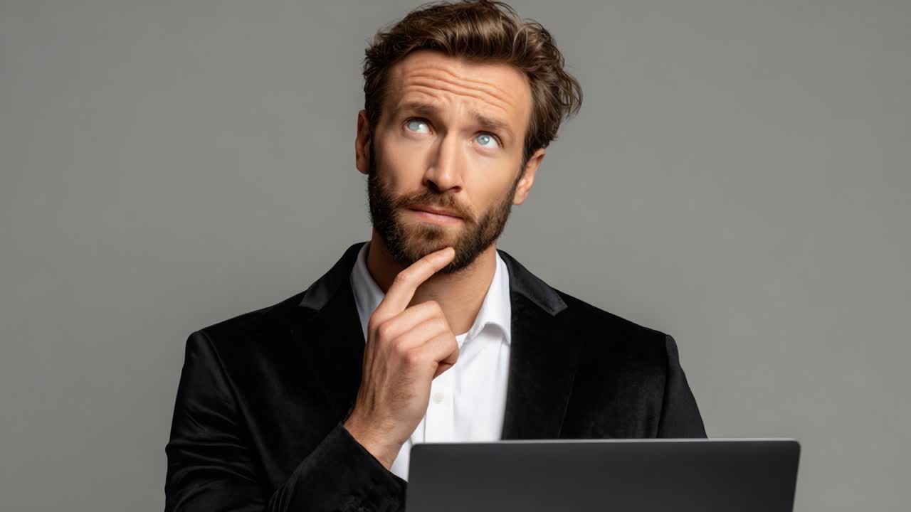 Contemplative Man in a Suit Pondering Over a Laptop: A Study of Thoughtfulness and Decision-Making in a Professional Setting