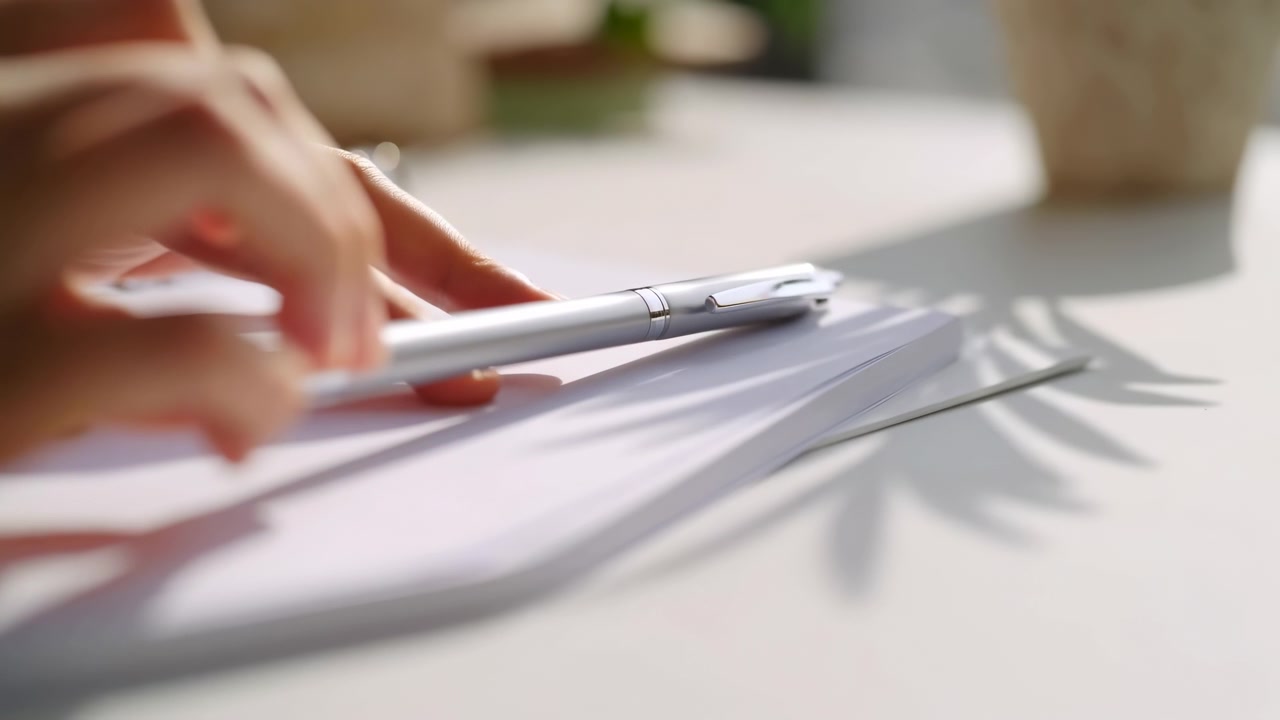 Una scena da scrivania mostra le punte delle dita che si allungano verso una penna d'argento su un blocco note bianco impilato accanto a una pianta in vaso, con luce solare soffusa, ombre delicate e un'atmosfera calma e minimale da spazio di lavoro che pervade l'ambiente