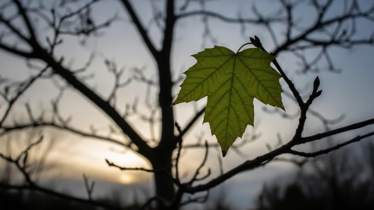 A solitary green maple leaf clings to a barren branch, silhouetted against the soft glow of twilight, showcasing nature's resilience in the midst of seasonal transitions