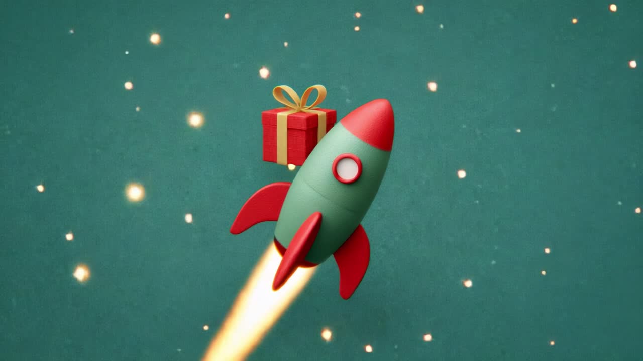 A festive gift-bearing rocket soars through a starry background, symbolizing adventure and excitement, perfect for celebrating special occasions and igniting the spirit of wonder