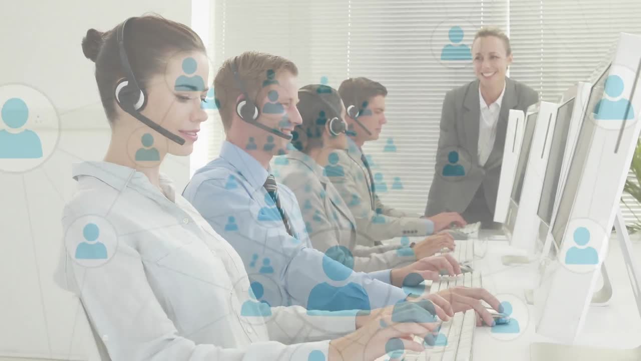 전화 헤드 ⁇ 을 착용 한 사업가 들 을 통한 연결 네트워크 의 애니메이션