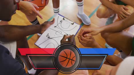 animation of score chart with copy space over basketball players