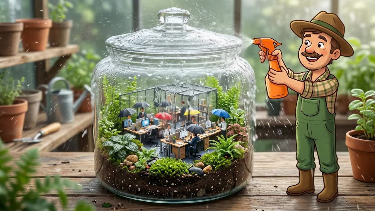 Giardiniere a cartone animato che innaffia un terrario da ufficio in miniatura