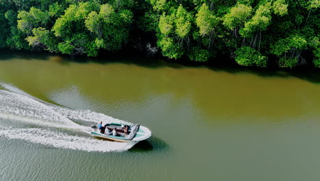 following the boat moving by the river on sunny day. thick green woods grow on the waterfront. aerial view.