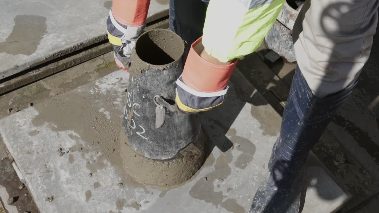 슬럼프 콘 몰드를 들어 올리고 뒤집은 다음 높이 차이를 측정합니다.