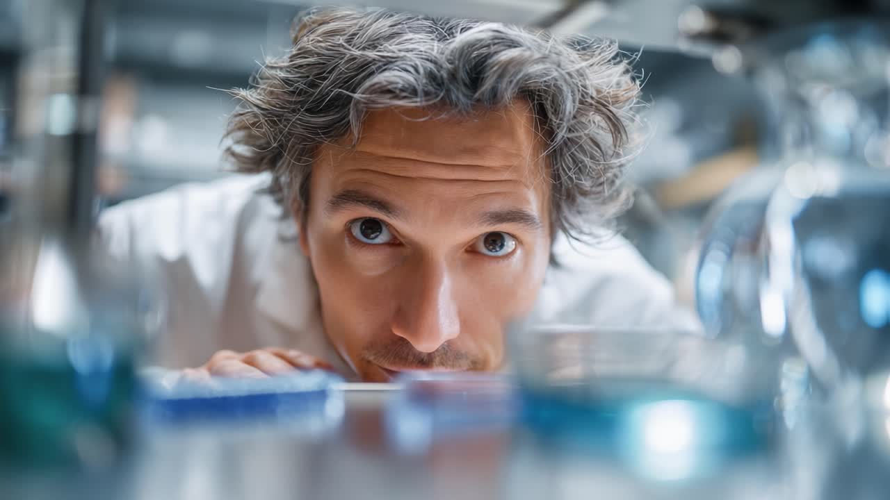 Curious Scientist Examines Lab Equipment with Focused Expression, Capturing the Essence of Exploration and Discovery in a Scientific Environment