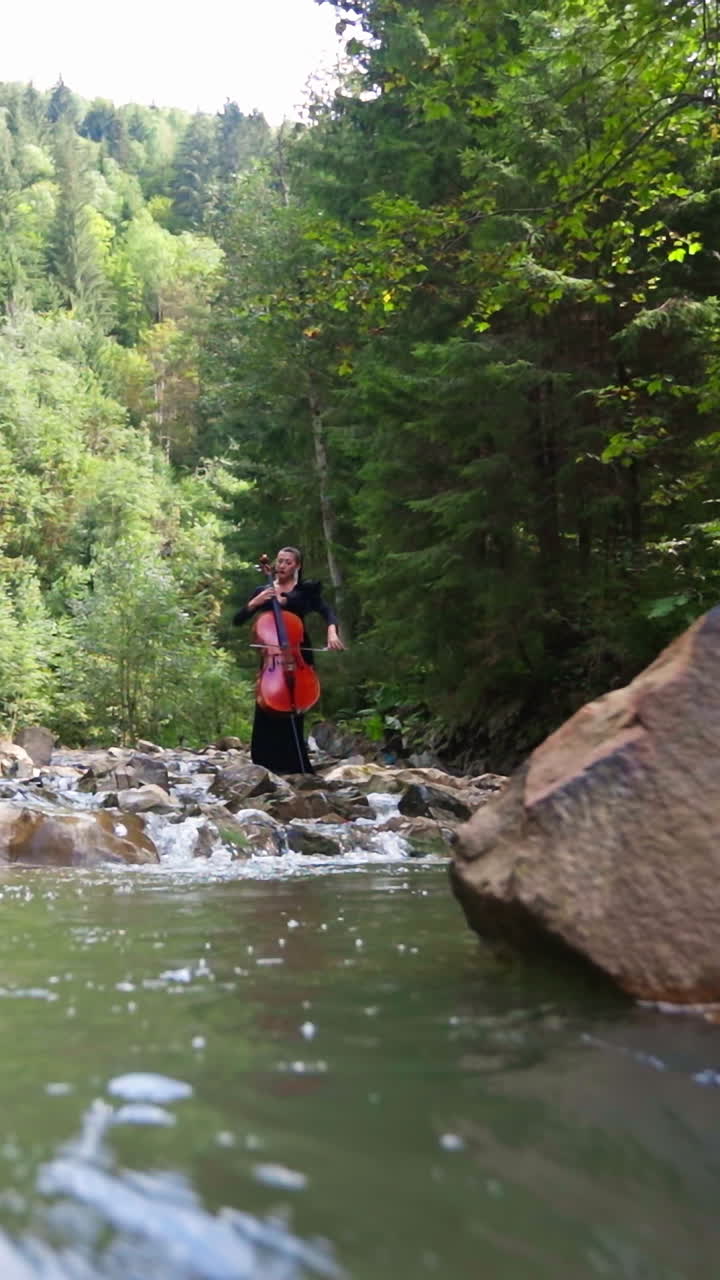 Woman playing the cello in river. Pretty girl playing cello in mountain river