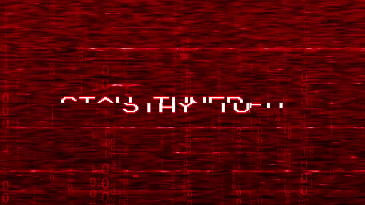 Retro Pixelated Stay Tuned Text on Red Glitch Background