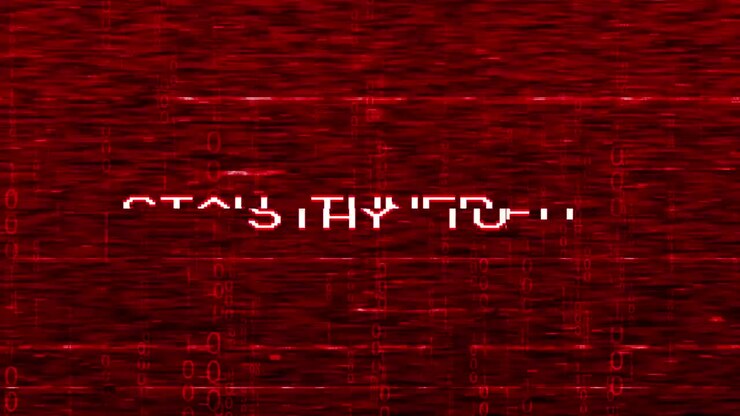 Retro Pixelated Stay Tuned Text on Red Glitch Background