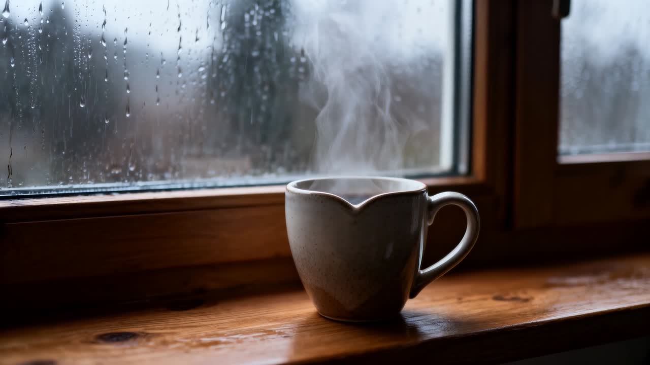 Emitting steam from ceramic mug with heart-notch holding hot drink on wood sill at home, raindrops