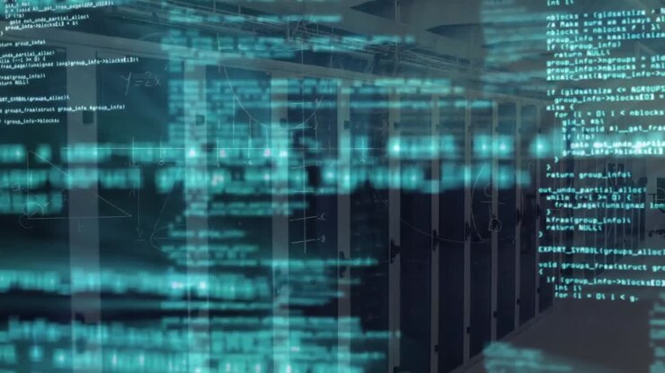 Animation of looping computer language over server room in background