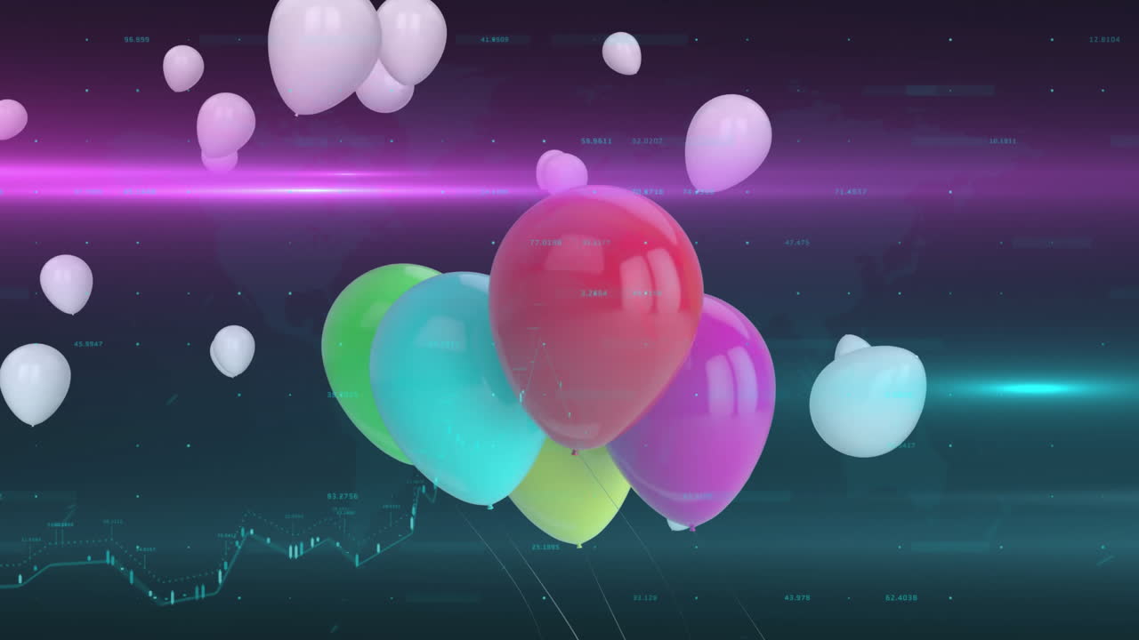 Animation of colorful balloons over purple light trails