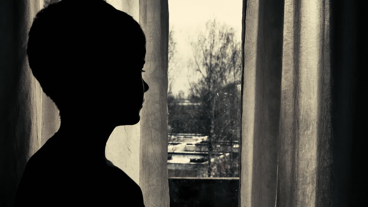 A child sits in silhouette against a softly lit window with pale curtains and a cloudy sky, conveying a quiet, somber mood