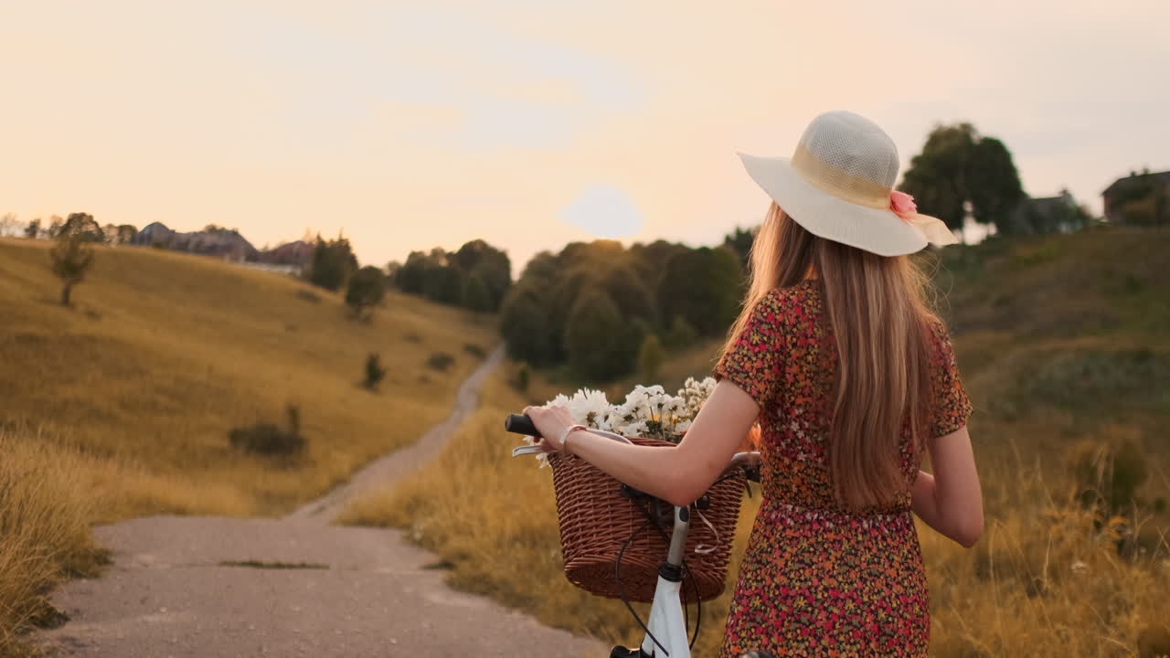 plan atrás en cámara lenta: una hermosa rubia con un vestido con flores en una canasta y una bicicleta retro camina por la carretera en el campo de verano mirando a su alrededor y sonriendo sintiéndose libre.