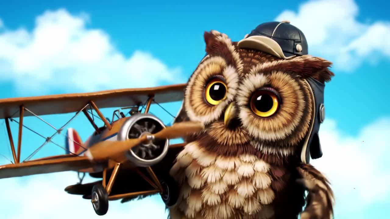A Charming Owl Character in Flight Gear Maneuvering a Bi-Plane Against a Beautiful Sky, Capturing the Spirit of Adventure and Exploration