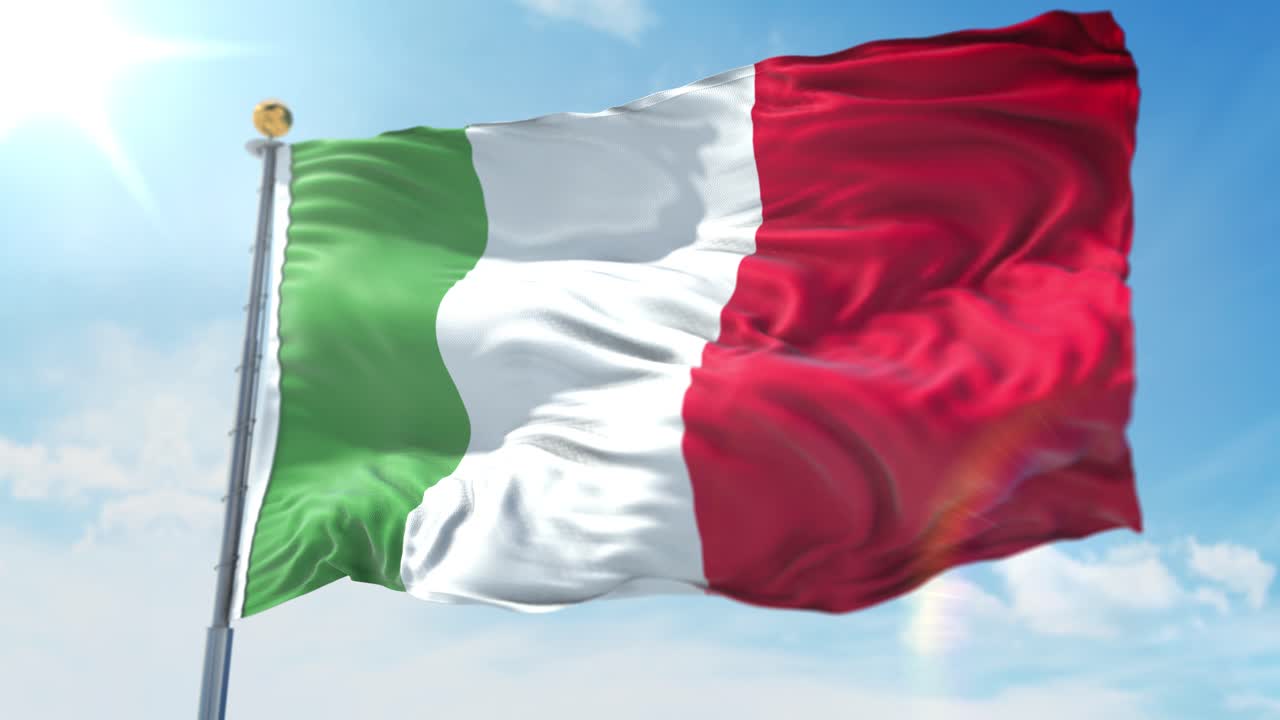 Illustrazione 3D 4K della bandiera sventolante dell'Italia su un'asta.