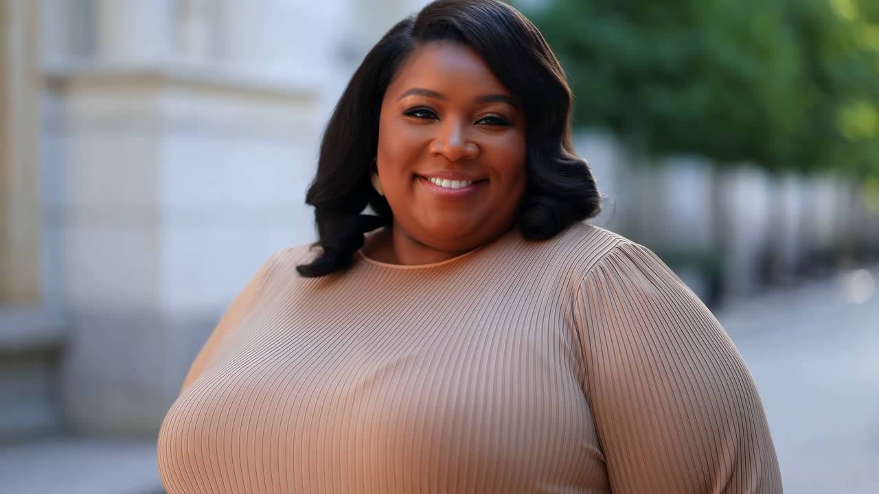 Glad sort kvinde i plus size smiler til kameraet udendørs