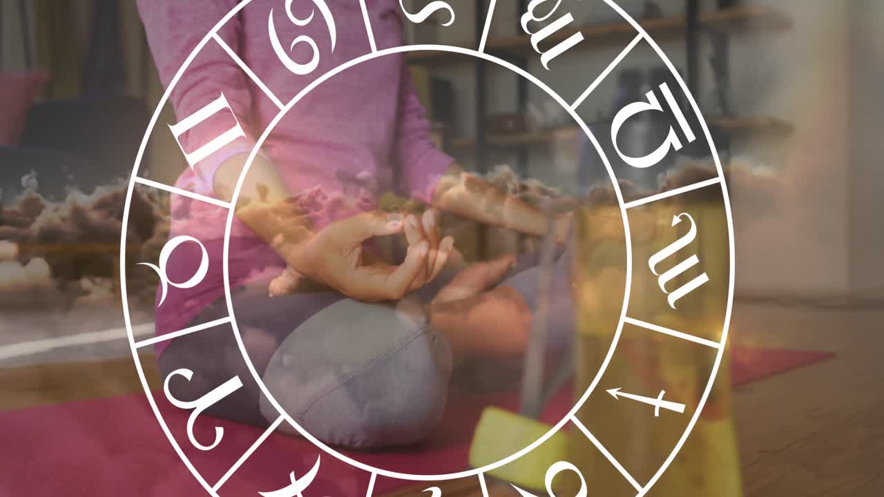 círculo de signos del zodiaco sobre mujeres biraciales practicando yoga