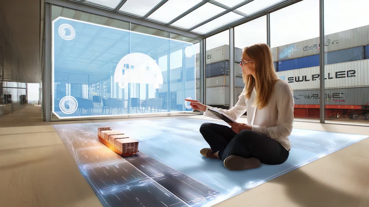 Innovative Workspace: A Woman Engaging with Digital Display of Shipping Container Integration in a Modern Office Environment