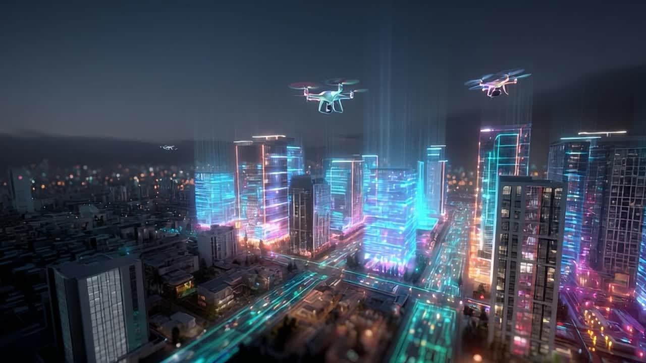 Futuristic skyline illuminated by neon lights and drones at night