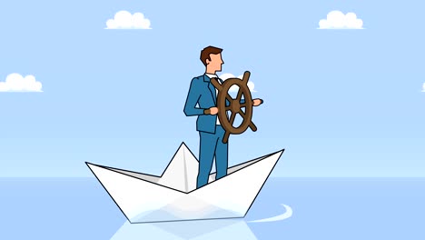 flat cartoon businessman character with helm wheel floating on paper boat businesss control concept animation