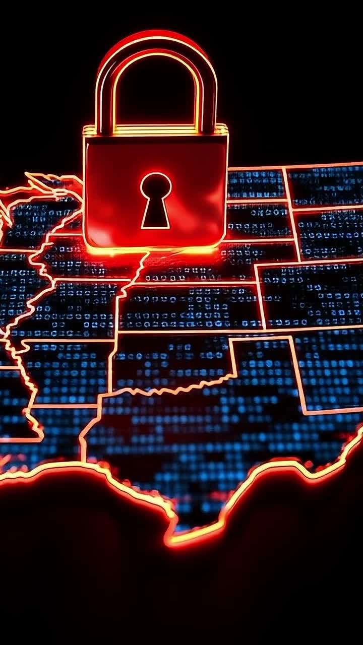 Cybersecurity protection over USA map. A digital representation of the USA map featuring a padlock symbol, emphasizing cybersecurity in the modern era.