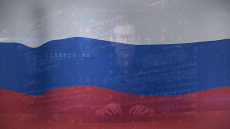 animation of caucasian male hacker over flag of russia