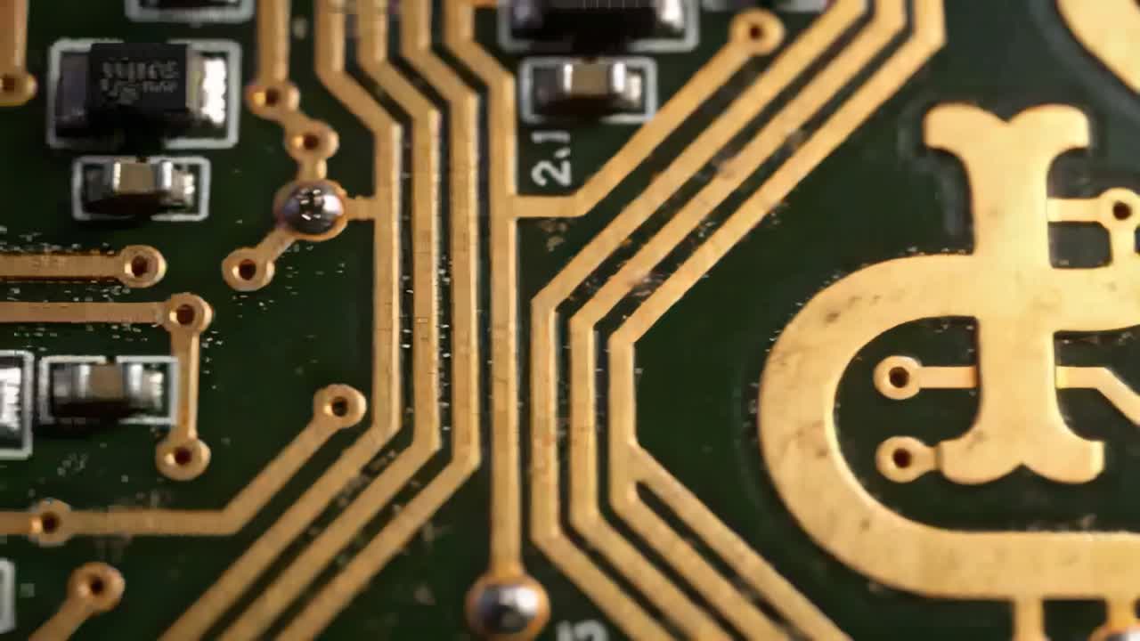 Operator starting camera panning across PCB at lab, inspecting gold traces, vias and solder joints