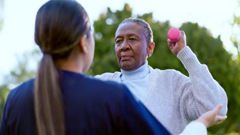 fitness, old woman and nurse with dumbbell