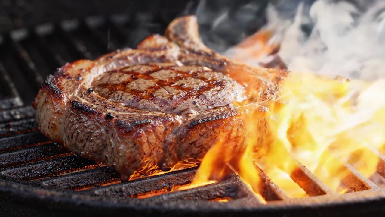 Brutzelndes Steak auf dem Grill: Eine Nahaufnahme eines perfekt gegarten Tomahawk-Steaks mit Flammen und Rauch für ein köstliches kulinarisches Erlebnis.