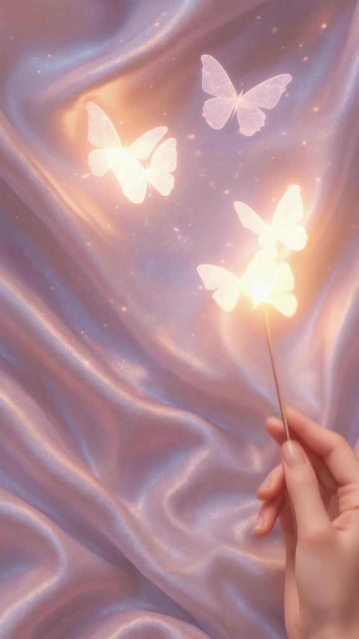 Mano eterea con bacchetta magica e farfalle luminose su seta