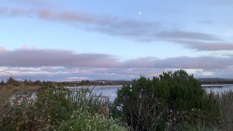 the moon over a lake surrounded by purple, blue and orange