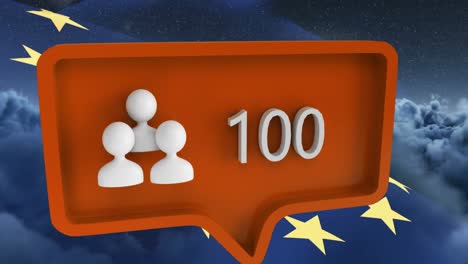 animation of people icon with numbers on speech bubble with european union flag