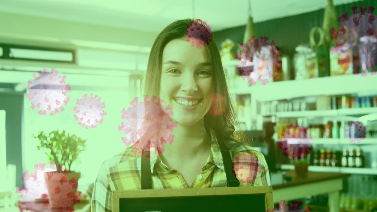 células de coronavirus que se propagan en negocios abiertos y una mujer sin máscara.