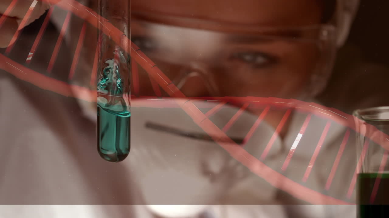 la estructura del adn gira en contra de los científicos que usan máscaras faciales sosteniendo un tubo de ensayo