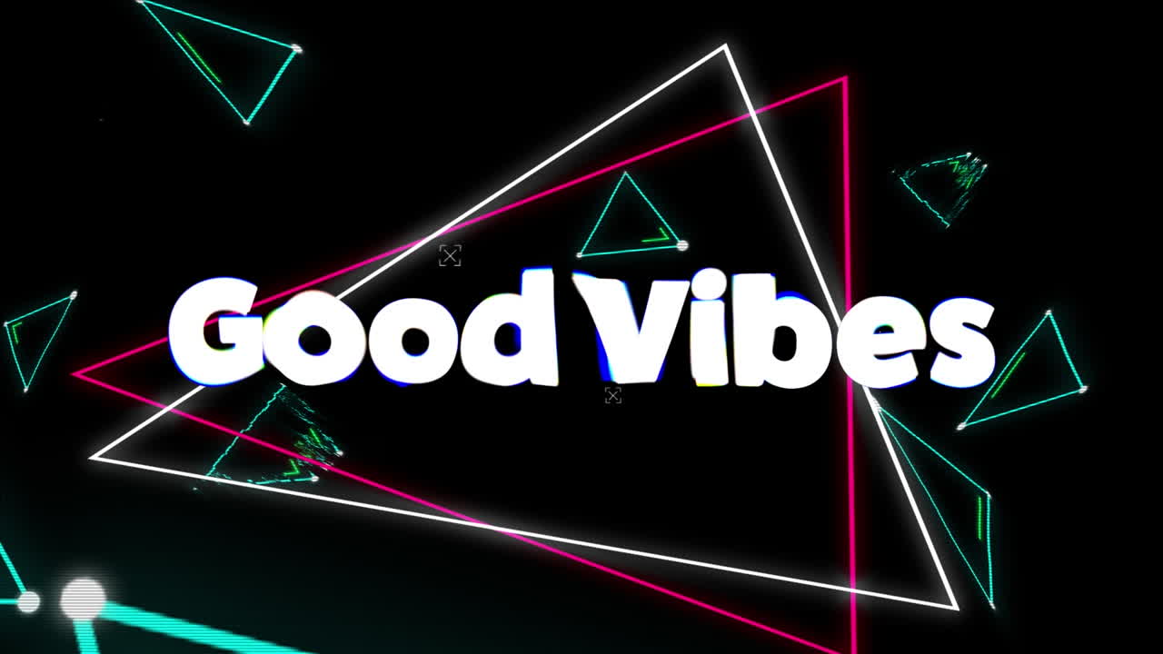 Animazione del testo good vibes su onda in movimento viola luminosa e forme geometriche