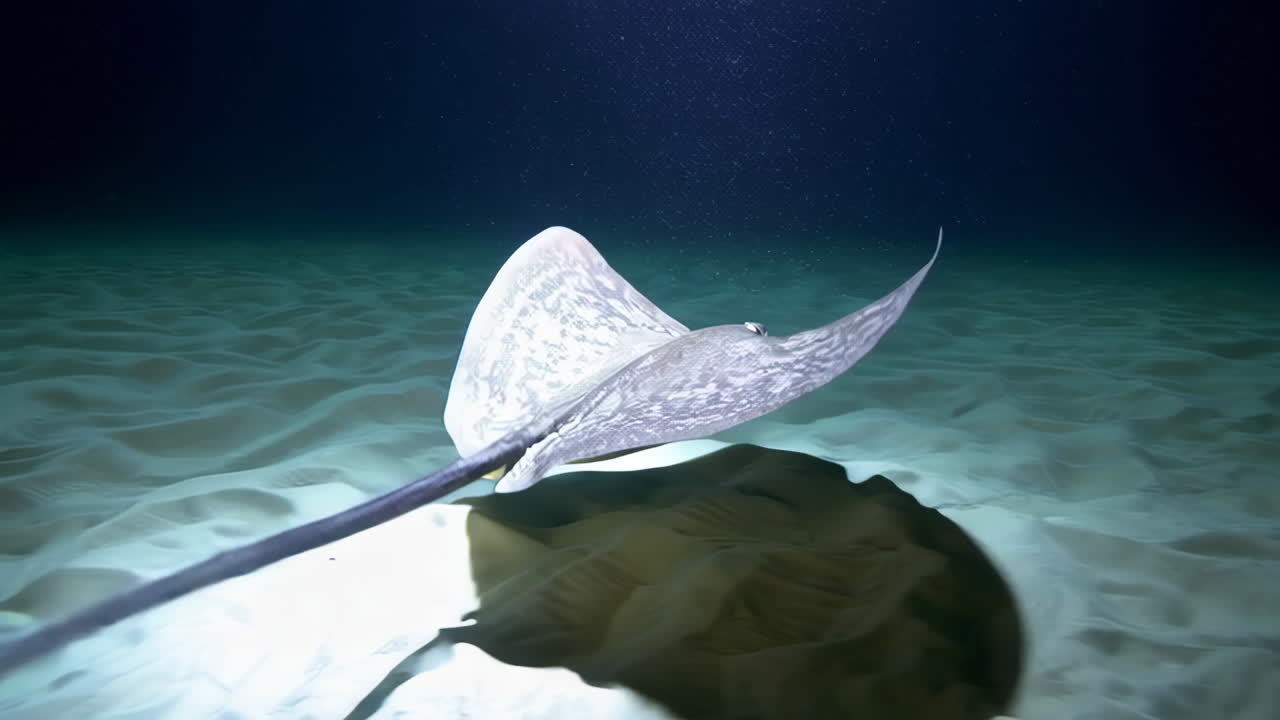 A graceful stingray glides over a sandy seabed, illuminated in dark waters