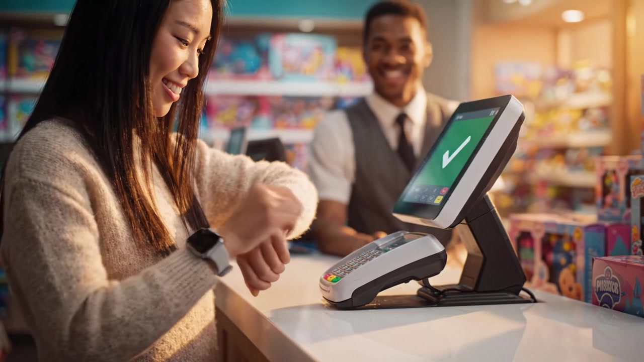 Uma jovem finaliza uma compra em um balcão de varejo, com um sistema de pagamento moderno, demonstrando a conveniência de transações sem contato e atendimento ao cliente.