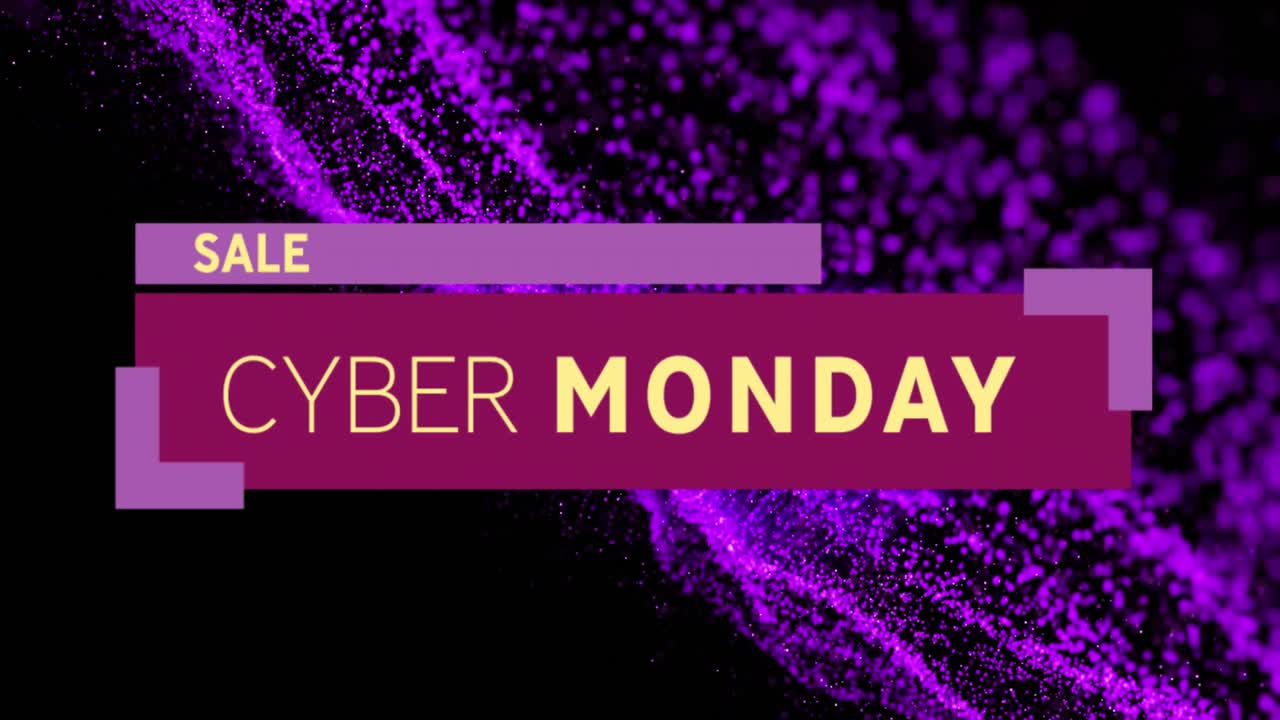 Animation of cyber monday text over neon mesh on black background