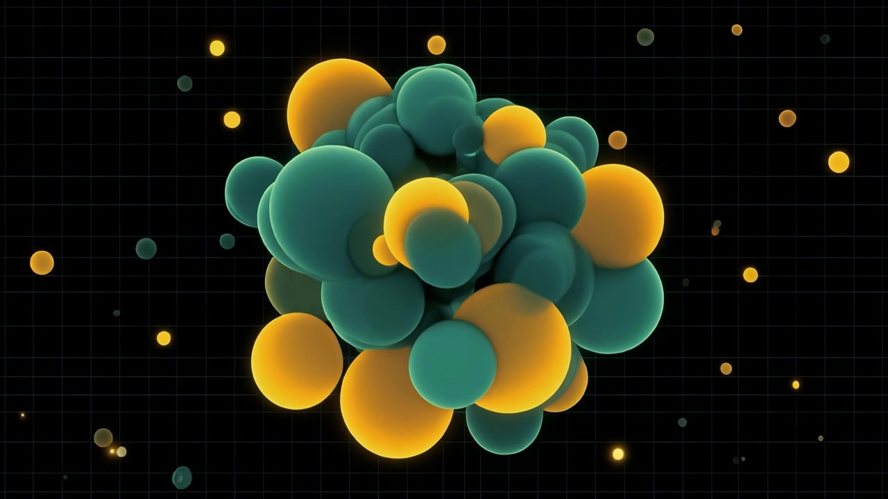 Animazione 3D astratta di sfere verdi e gialle fluttuanti