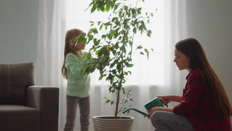 young nanny waters ficus and little girl sprays exotic tree