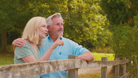 smiling casually dressed mature or senior couple leaning on fence on walk in countryside