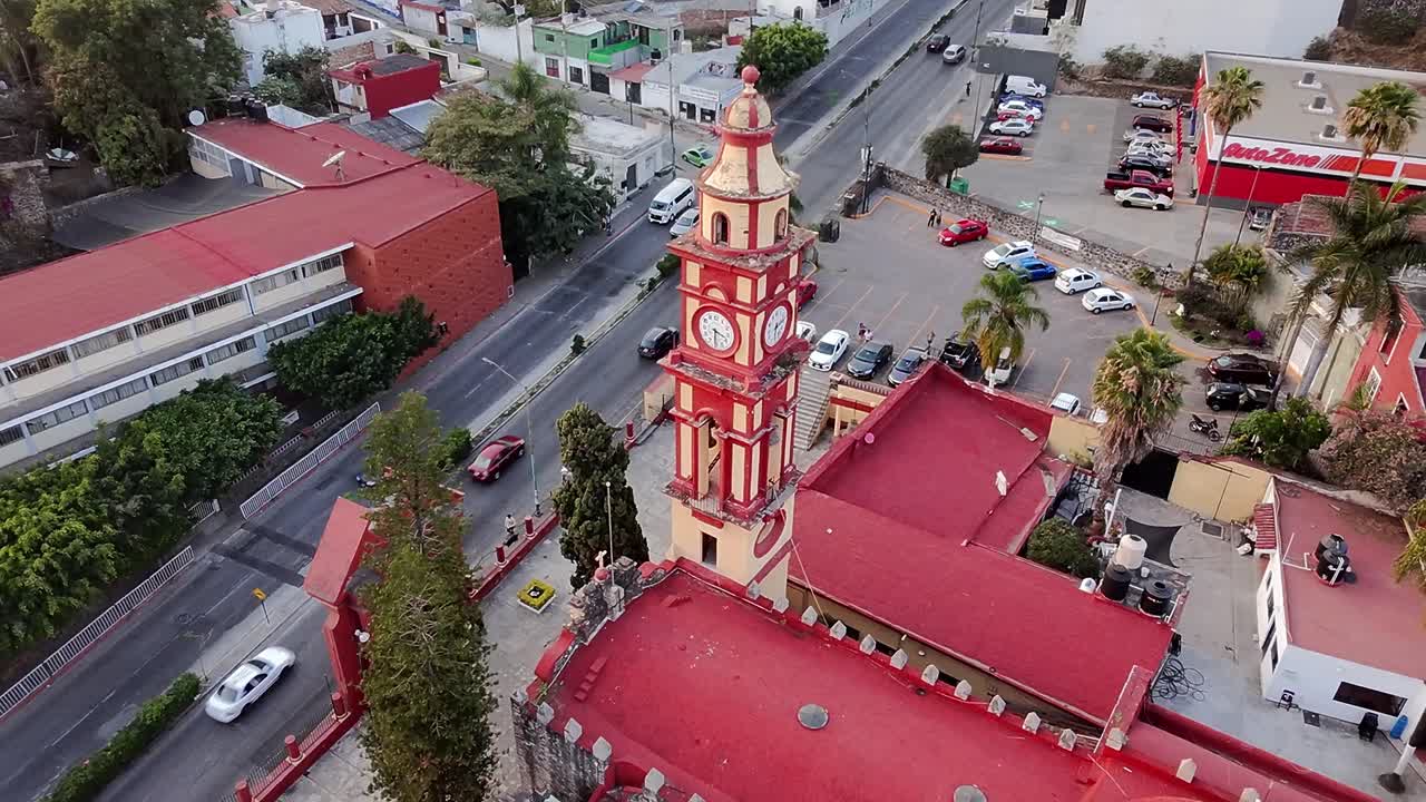 Pull out drone shot of Tlaltenango Sanctuary during the day in Cuernavaca, Morelos, Mexico