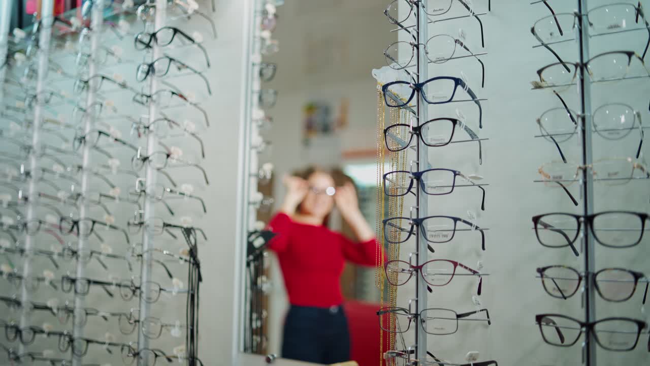 Woman Trying Eyeglasses. Beautiful woman choosing glasses in optician store